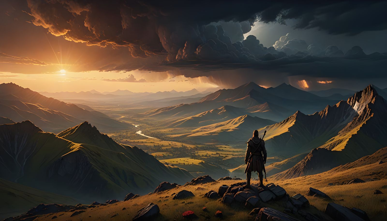 Ethereal Warrior on Stormy Mountain Peak in Dawn's Glow