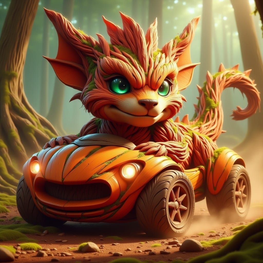 Chibi Dragon Races Pumpkin Car with Elemental Energy