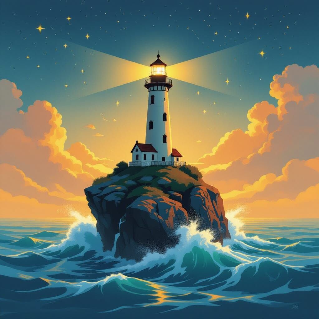 Surreal Lighthouse on Floating Island in Dreamlike Scene