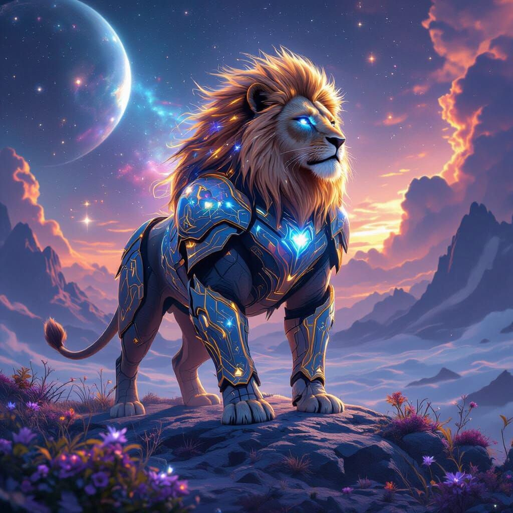 Celestial Lion Overlooking Nebula in Digital Art
