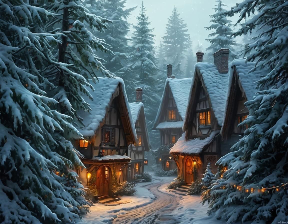 Cozy Snowy Village Scene in Whimsical Woodland Style