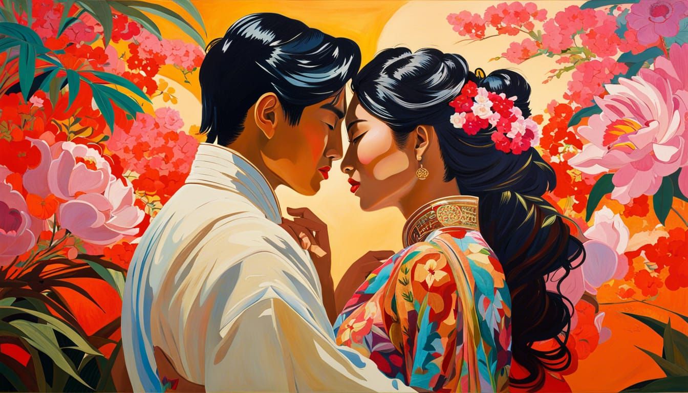 Asian Lovers Kissing: Contemporary Impressionist Painting