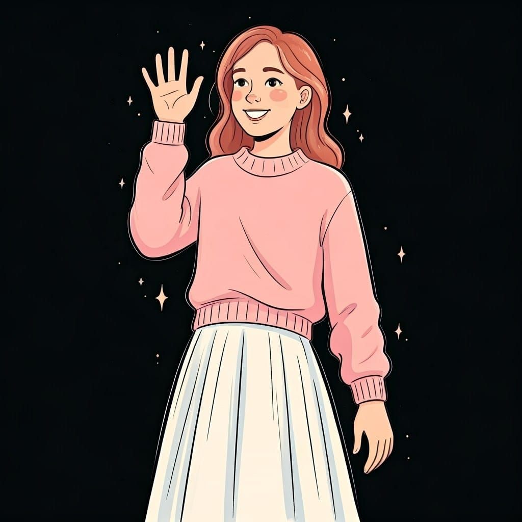 Whimsical Girl Waving Hello in Pastel Colors