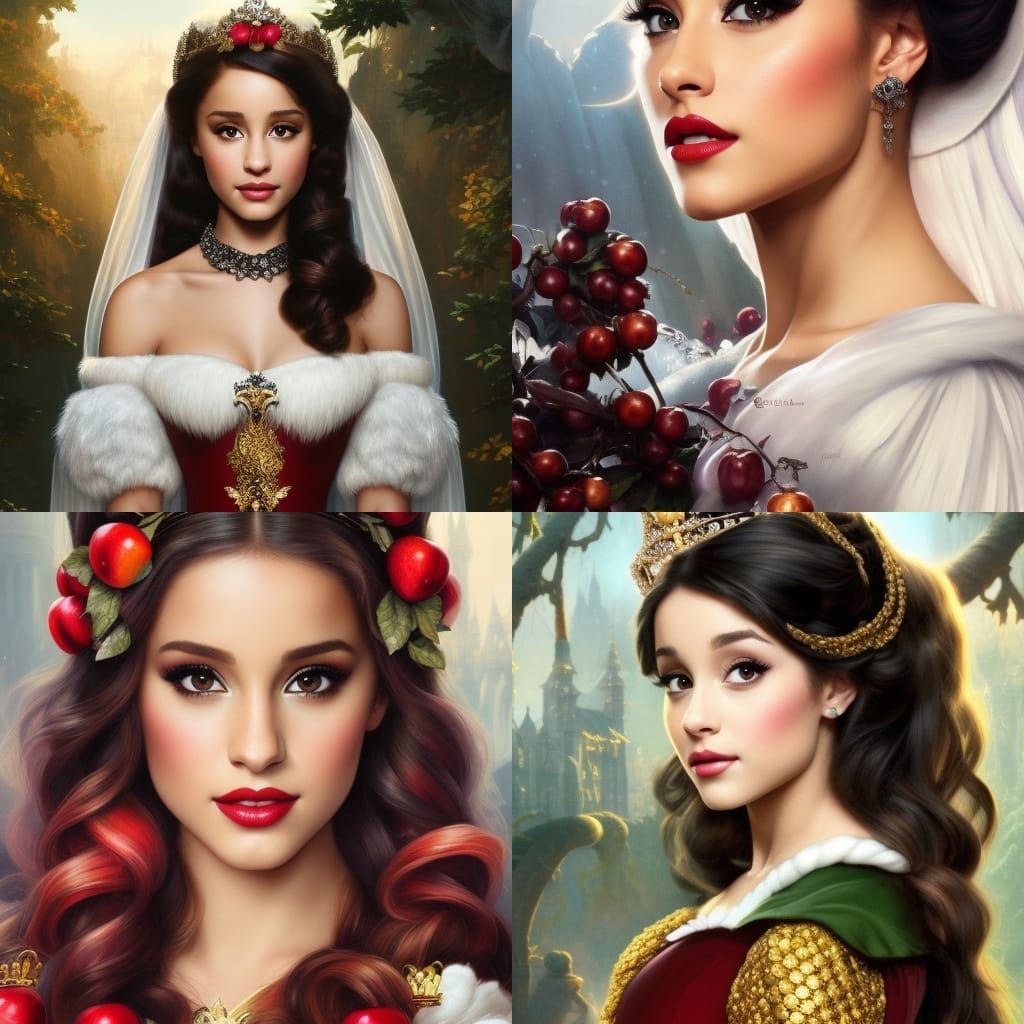 Ariana Grande as Snow White. With a crown of apples. head an...