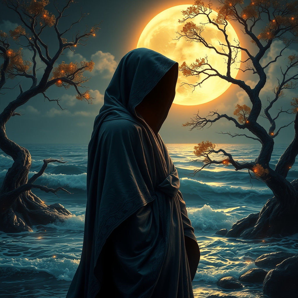 Mysterious Figure by Moonlit Ocean with Sunny Hood