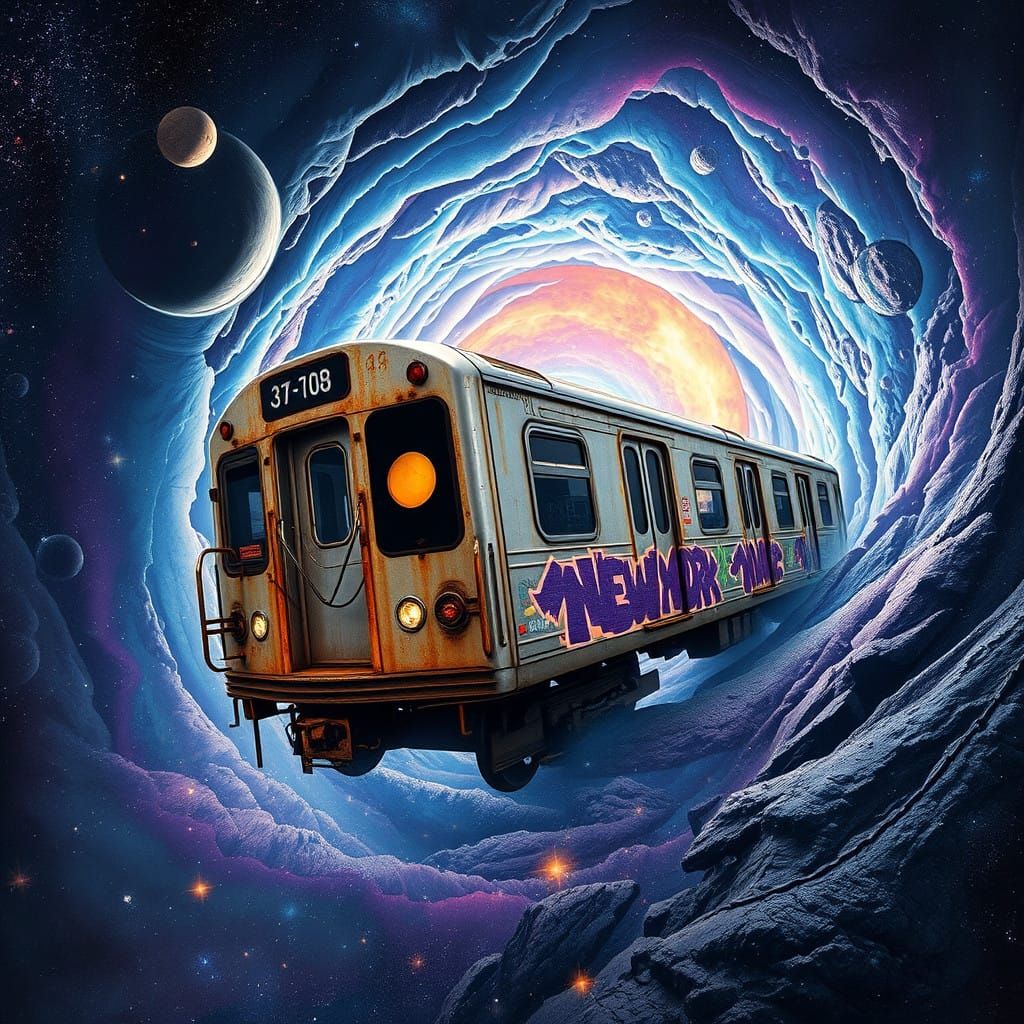 Vintage Subway Train Emerges from Wormhole into Starry Galax...