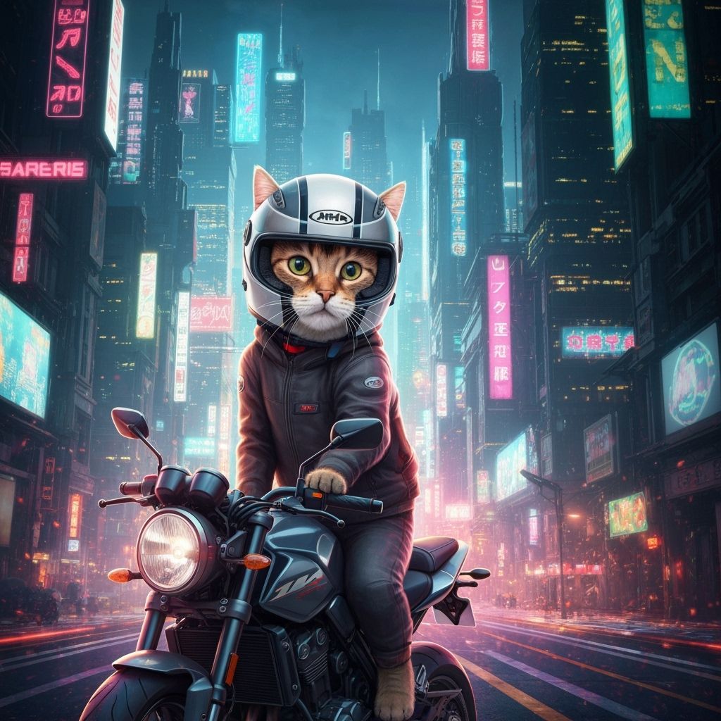 Cat on Motorcycle in Futuristic Cityscape