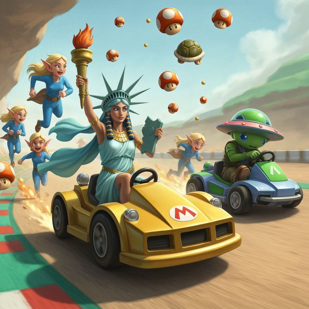 Isis as Lady Liberty Races in Mario Kart