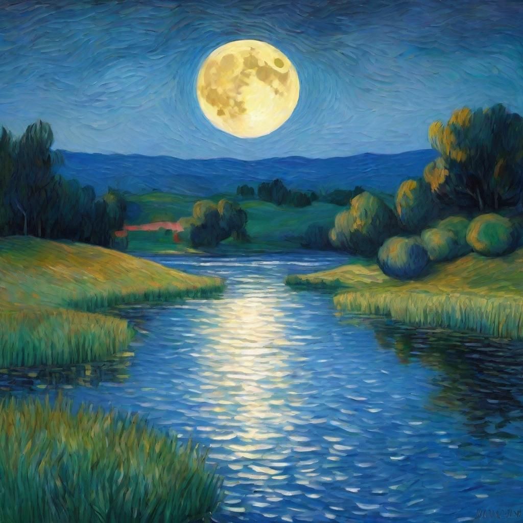 Full Moon Over Lake in Neo-Impressionism Style