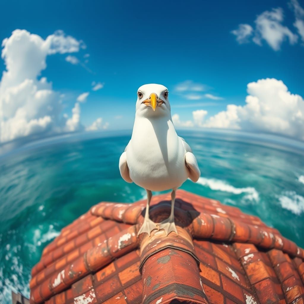 Joyful Seagull on Seaside Roof: Digital Photorealism