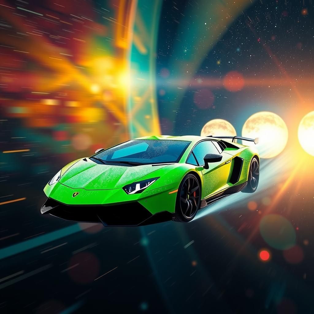 Neon Lamborghini Aventador Soaring Through Cosmic Nebula