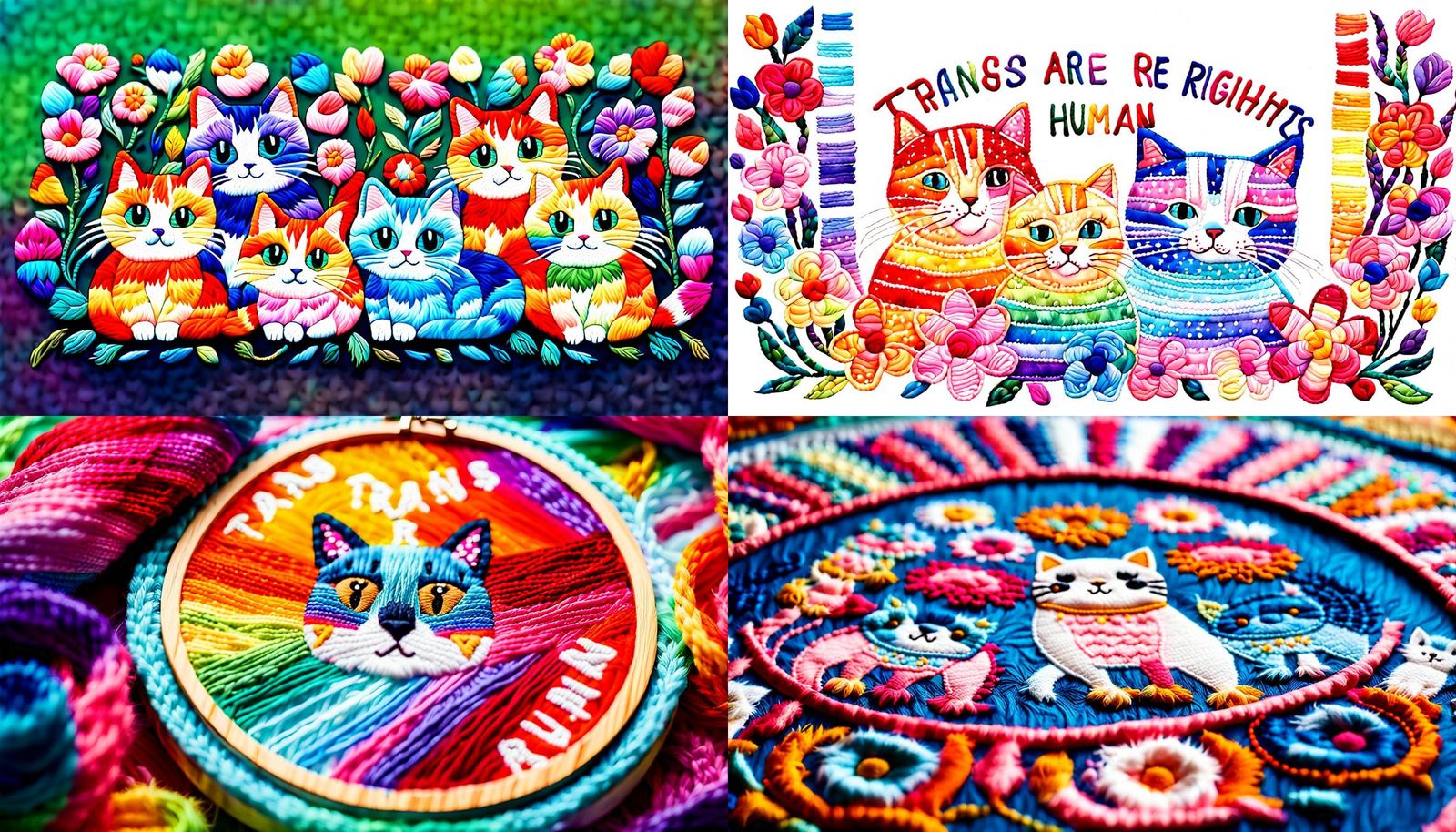 Rainbow Cats Embroidery: Trans Rights are Human Rights