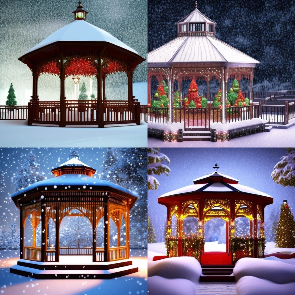 Ornate Gazebo Lit with Christmas Lights in Falling Snow