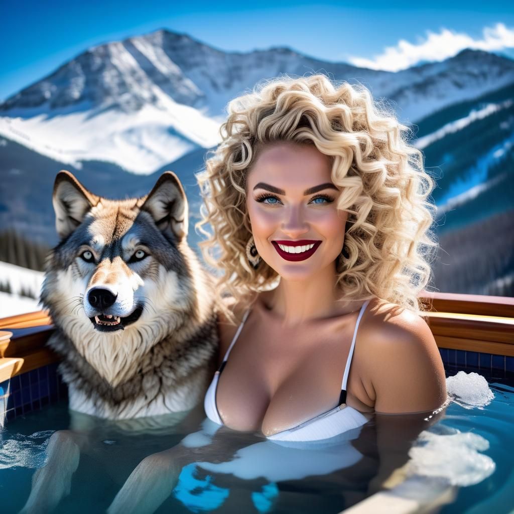 Blonde Woman Relaxing in Mountain Hot Tub