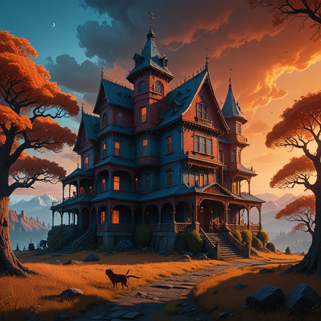 Gothic Fantasy Estate in Vibrant Triadic Colors