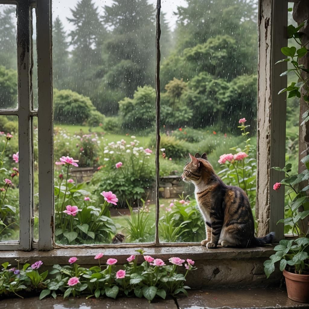 Rainy Cottage View with Cat and Flower Garden