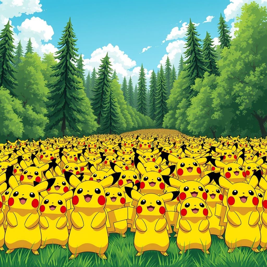 Vibrant Pikachu Army Stands Tall in Whimsical Landscape