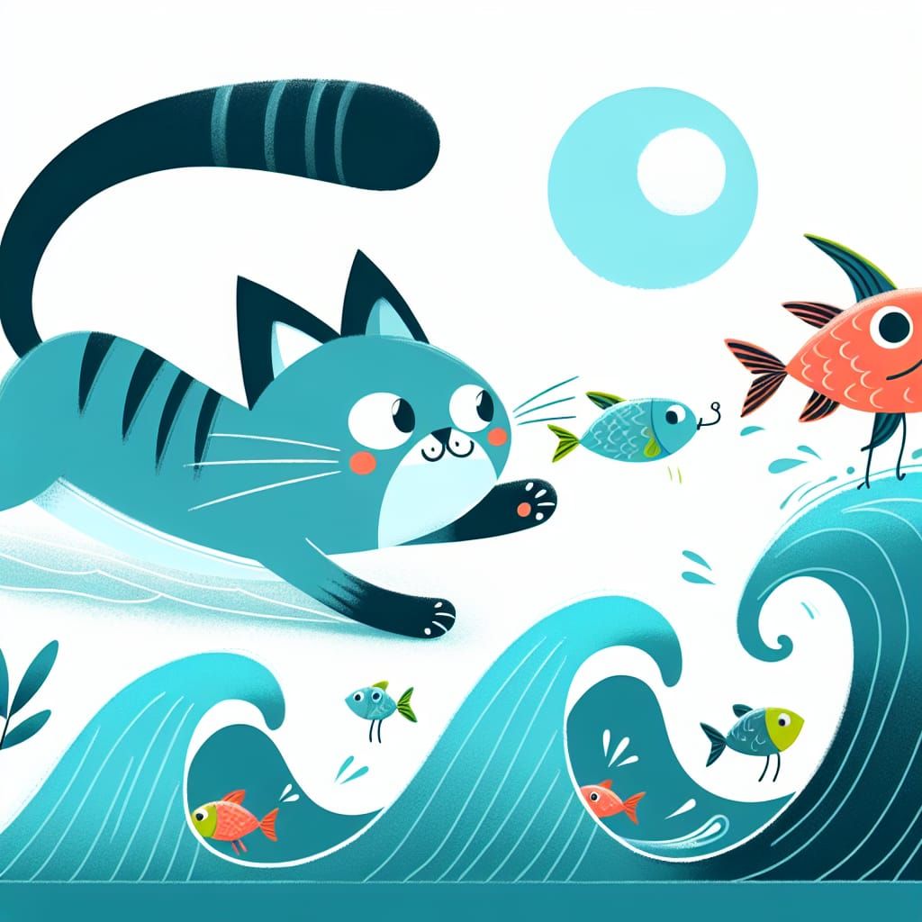 Cartoon Cat Chasing Fish in Modern Style