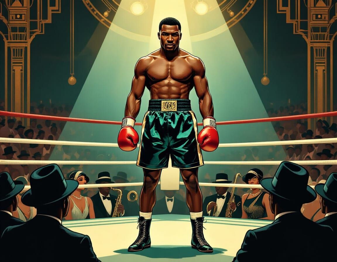 Victorious Boxer in Art Deco Ring, Vintage Illustration