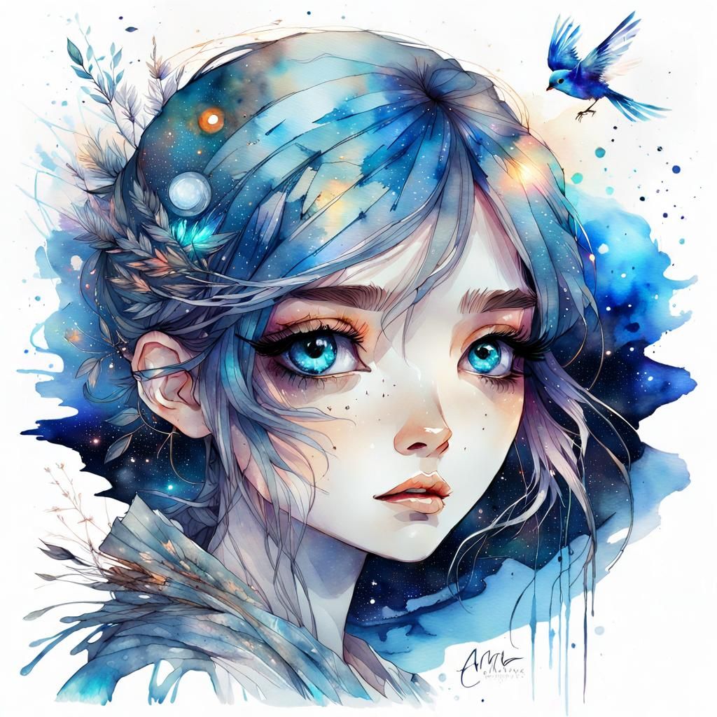 Chibi Girl and Cosmic Bird in Watercolor Style