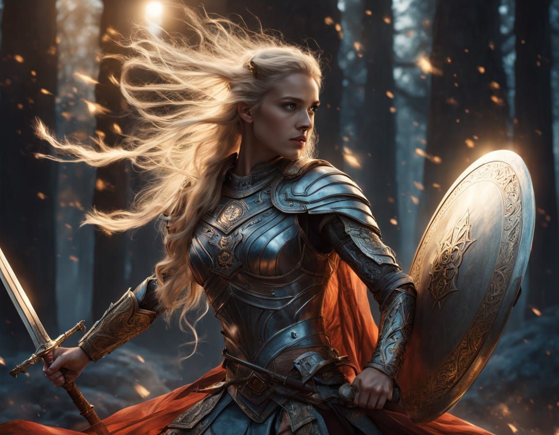 Ethereal Norse Goddess Battles in Cosmic Light