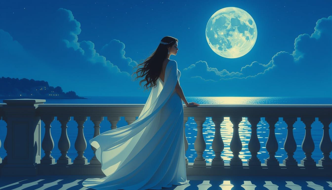 Moonlit Woman on Balcony in Art Nouveau Style