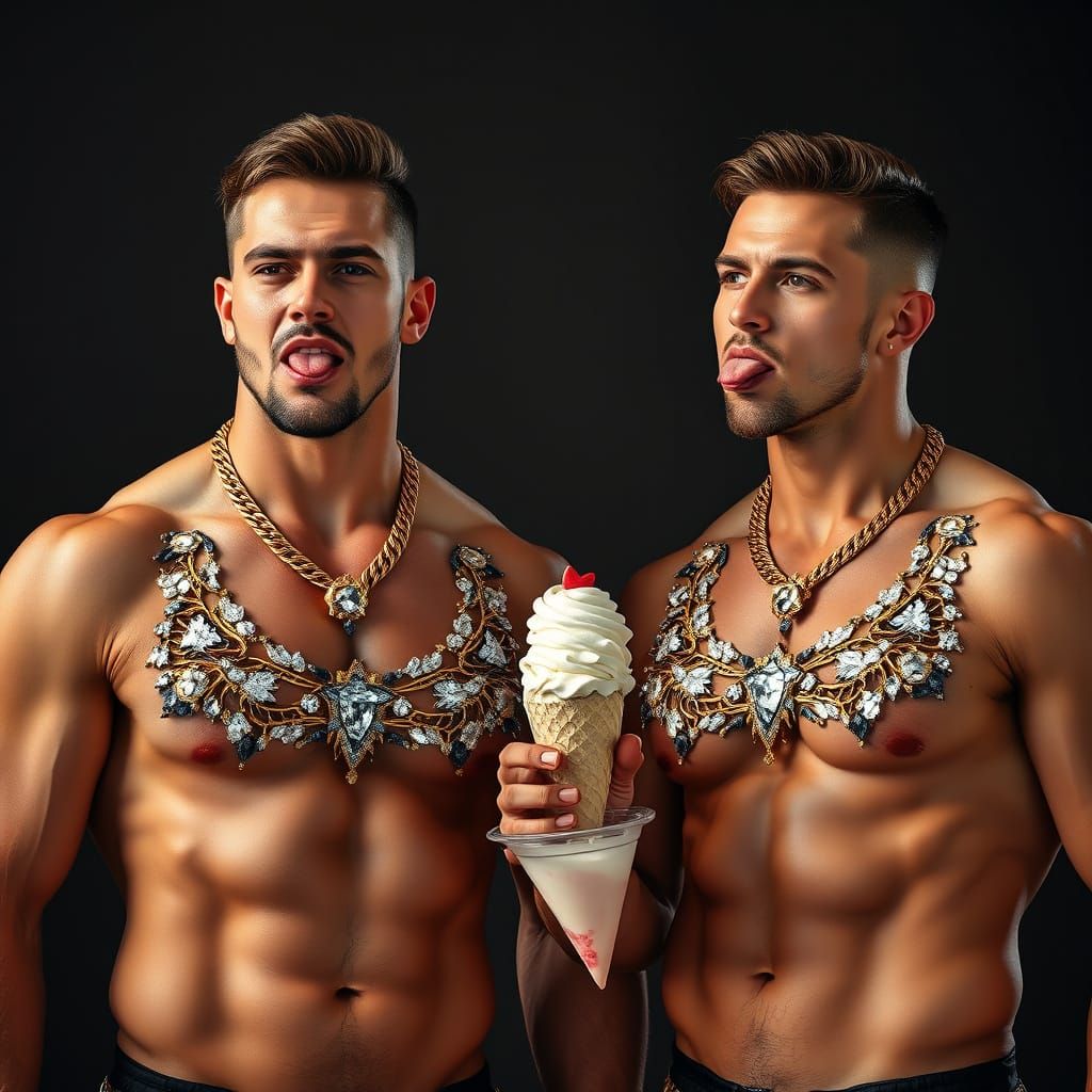 Muscular Men Licking Ice Cream, Photorealistic Style
