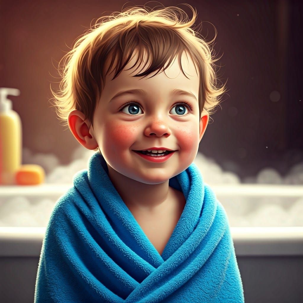 Cherubic Boy Smiles in Bright Blue Towel, Stepping Out of Ba...