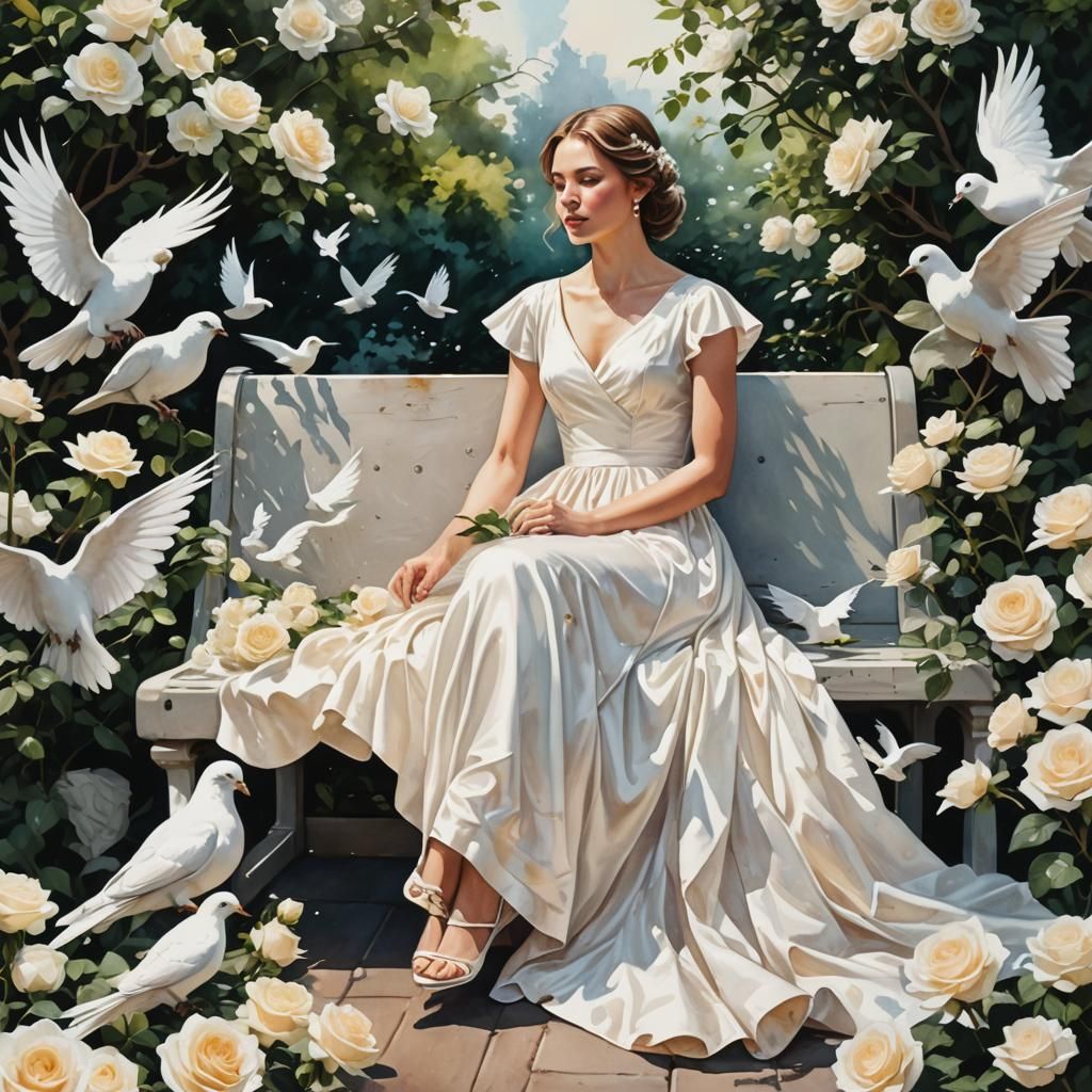 Woman in White Dress with Roses, Hyperrealistic Watercolor