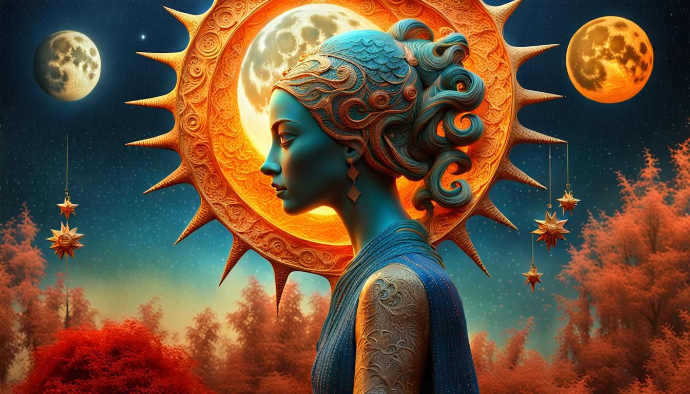 Celestial Woman in Surreal Sun and Moon Star
