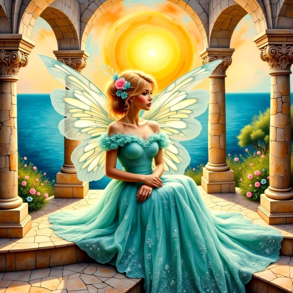 Ethereal Fairy Seated on Mediterranean Ocean View Terrace