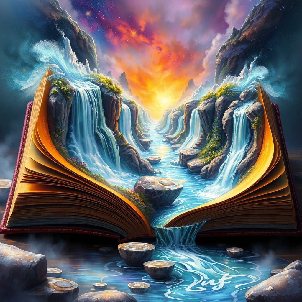 Dreamlike Waterfalls Cascade Through Vibrant, Open Book