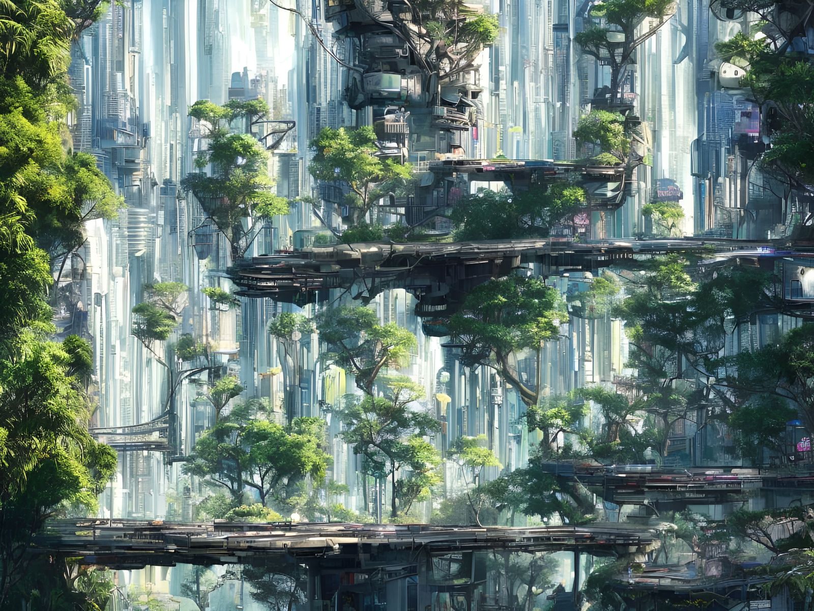 Cyberpunk City in Jungle with Sakura Trees