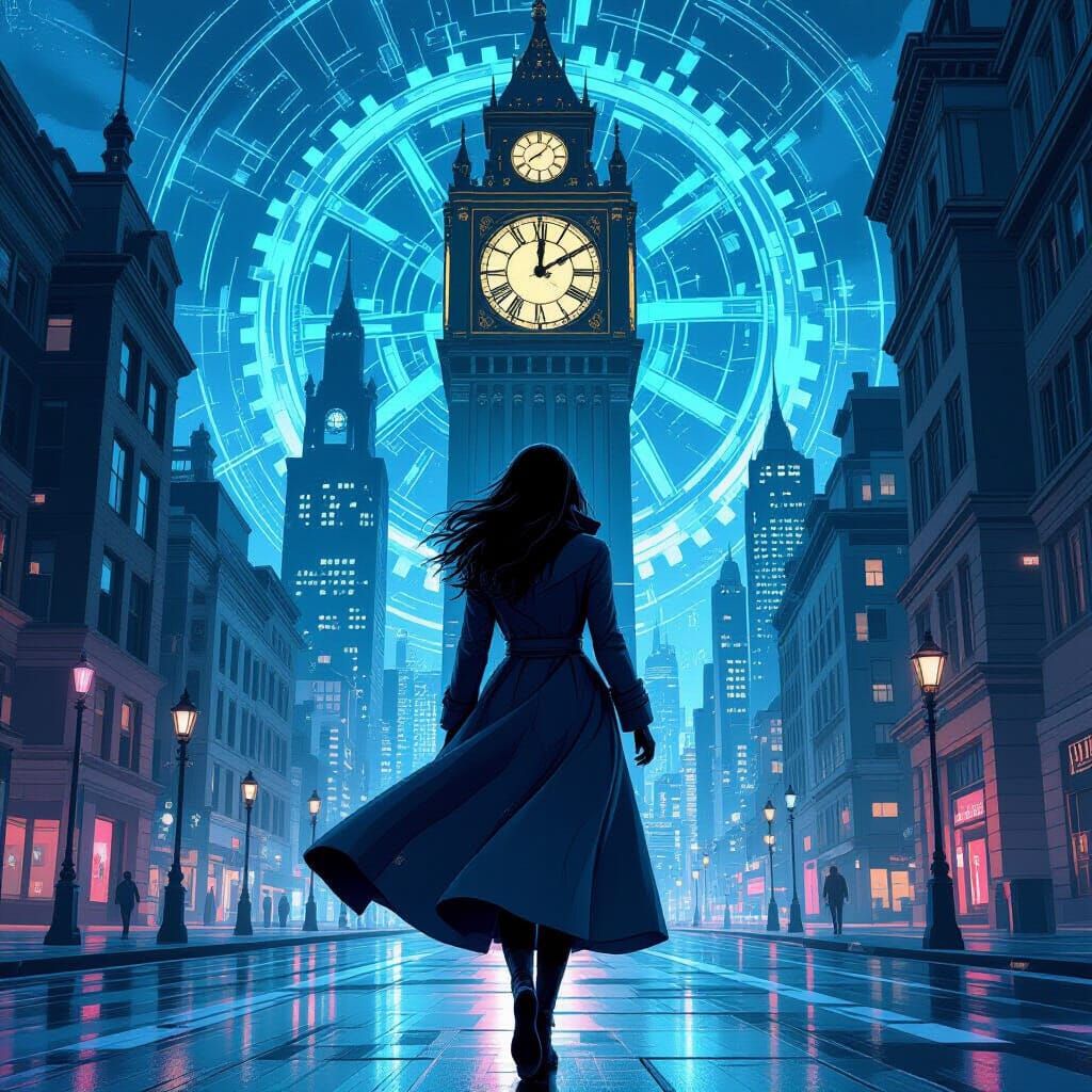 Woman at Intersection of Past and Future Cityscapes