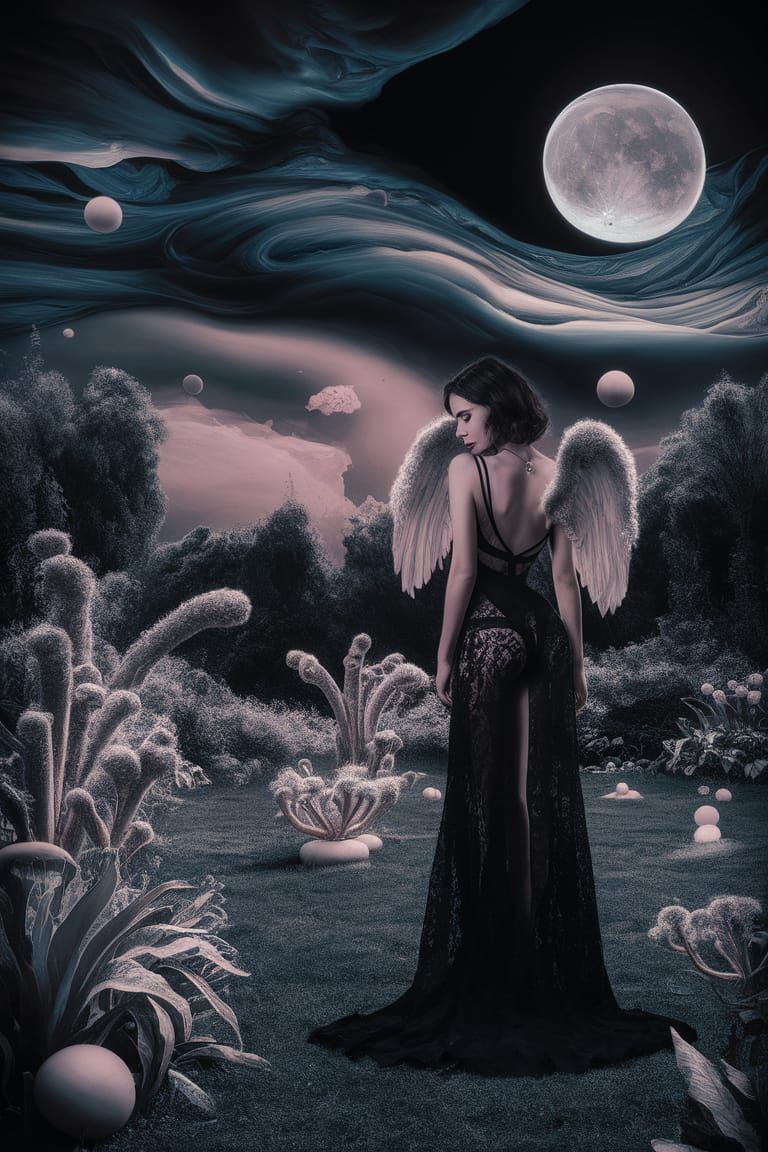 Surreal Woman with Wings in Dream Garden