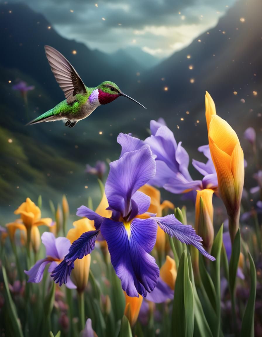 Hummingbird and Iris Flower in Digital Painting Style