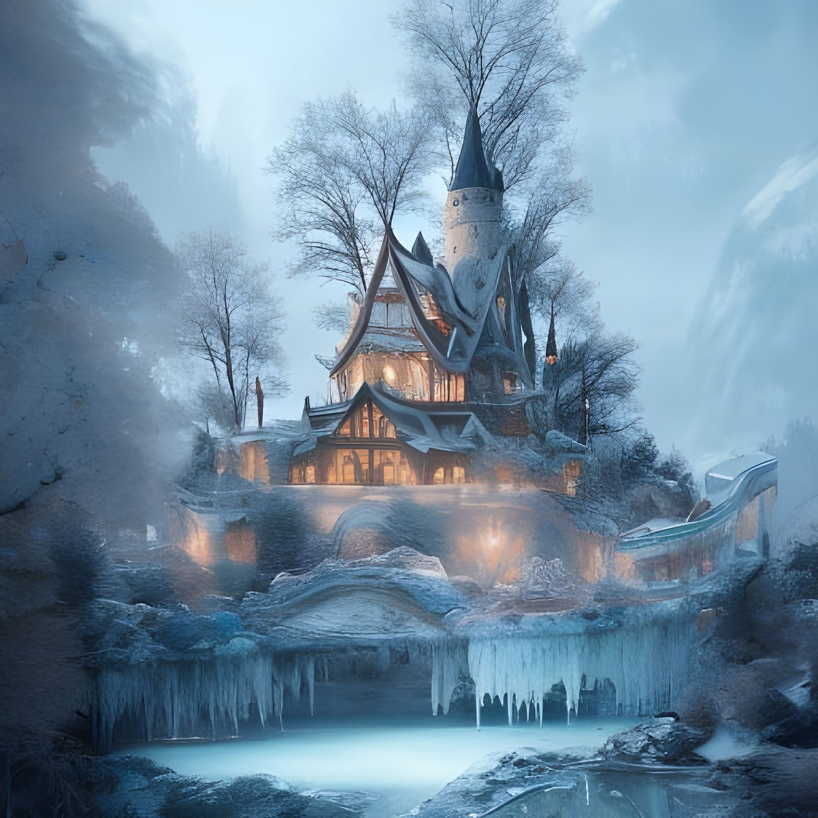 Fantasy Winter Castle Beside Frozen River