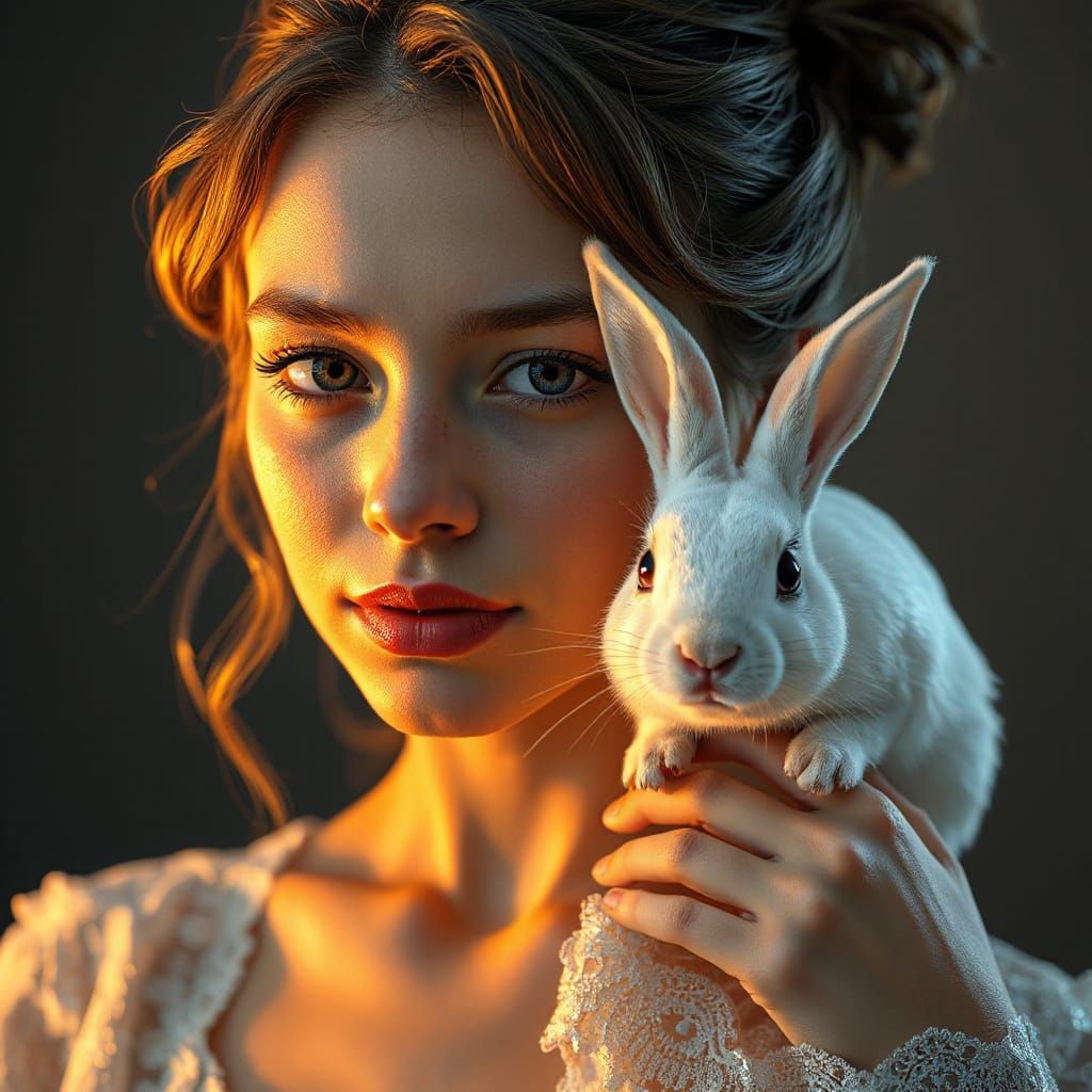 Gentle Woman and Her Whimsical Bunny