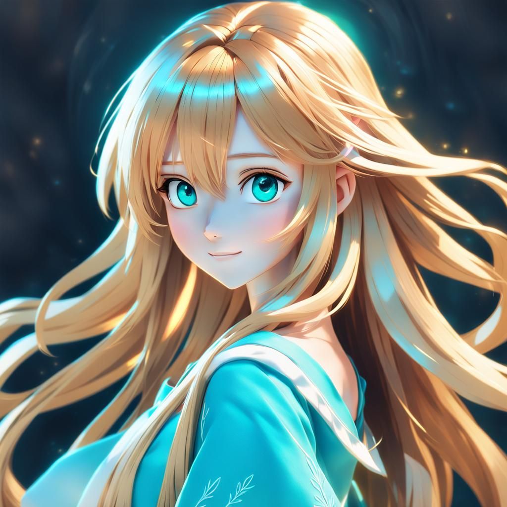 Anime-Inspired Portrait of a Young Girl with Vibrant Aqua Bl...