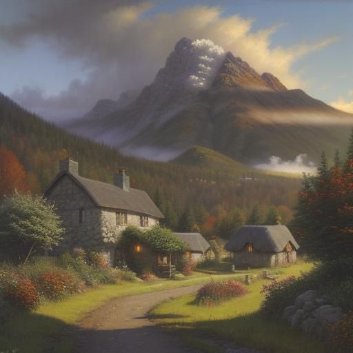 Cottage Village in Autumnal Light, Oil Painting