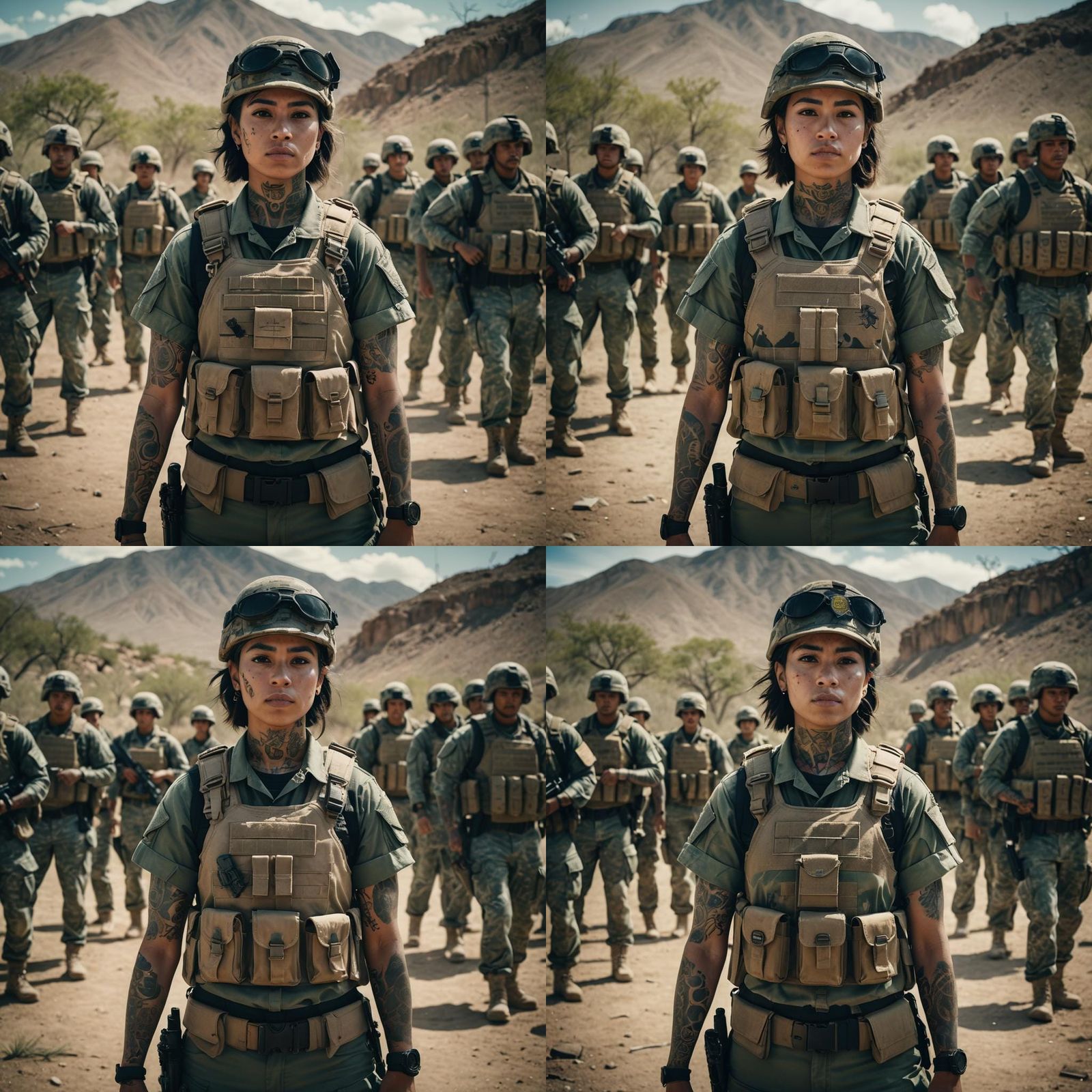 Latina Soldier with Tattoos: Cinematic Film Still