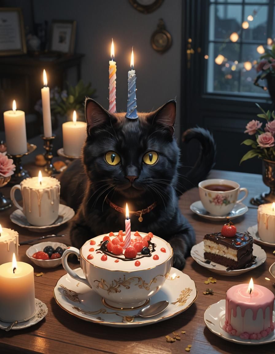 Black Cat in Teacup with Birthday Cake: Anime Art