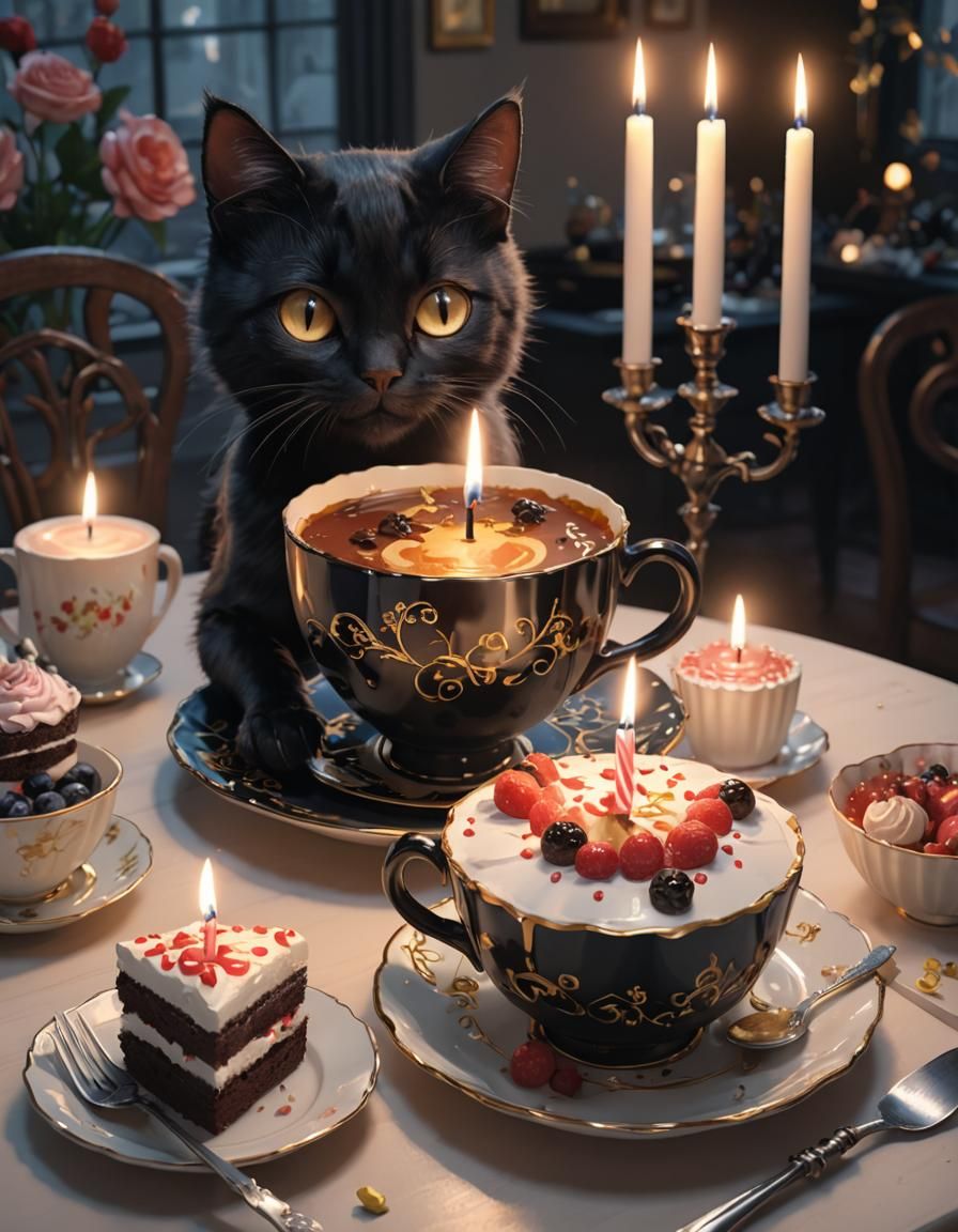Black Cat in Teacup with Birthday Cake