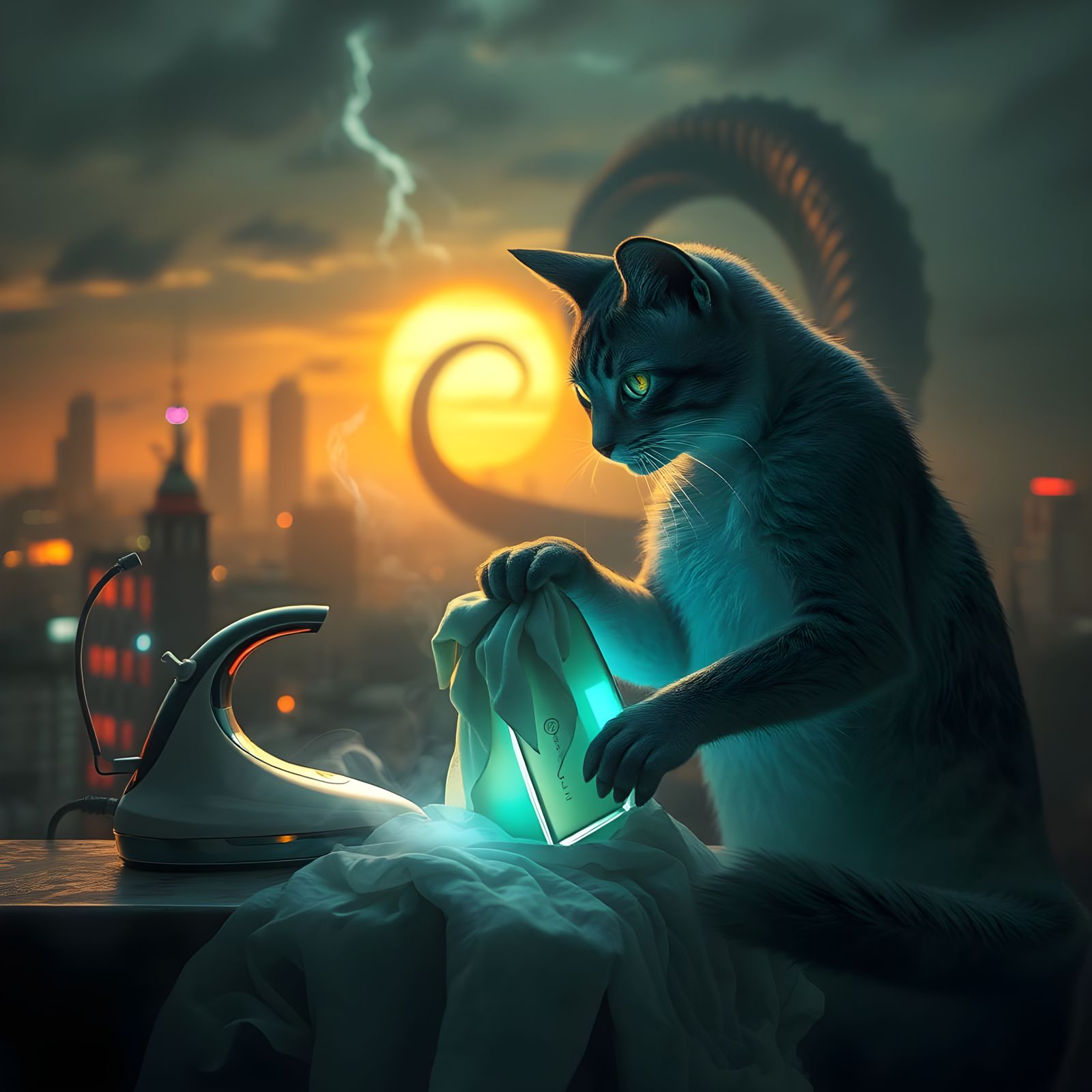 Cat Ironing Clothes in a Surreal Oil Painting