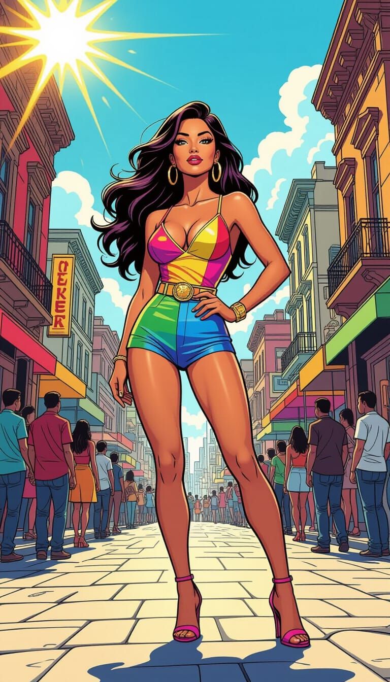 Radiant Latin Woman in Vibrant Comic City