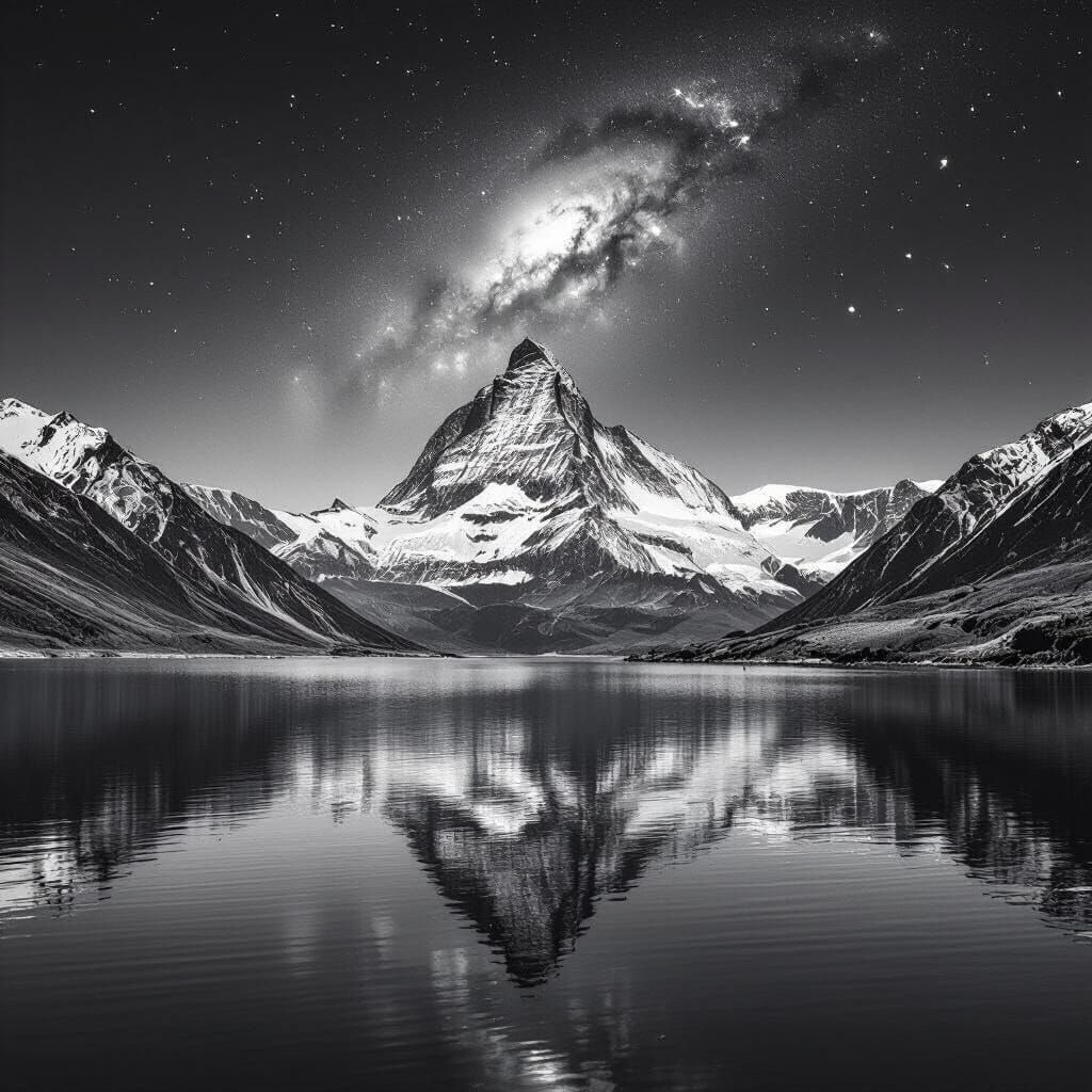 Monochromatic Galaxy Over Mirror Lake and Mountains