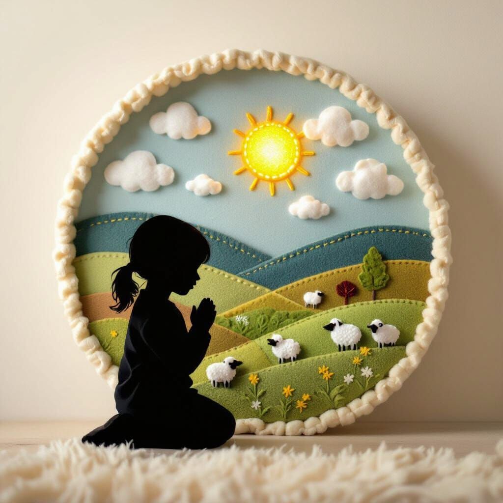 Felt Pastoral Scene Inside Praying Child Silhouette