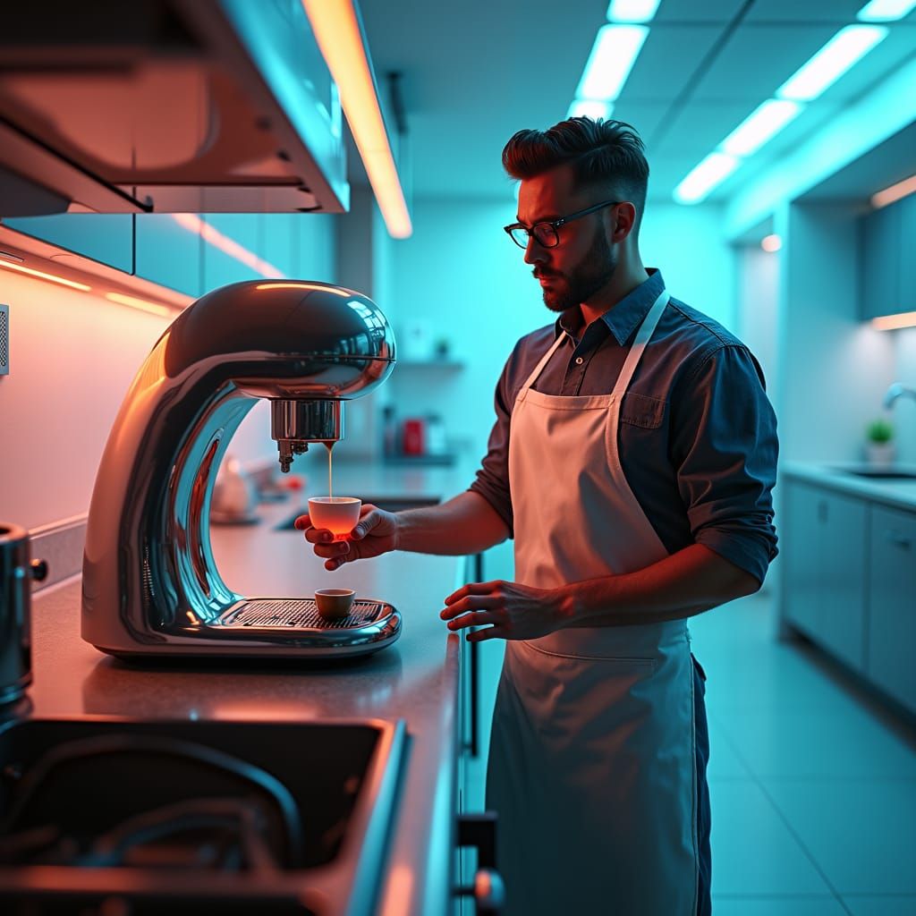 Futuristic Barista Brewing Coffee in 5055