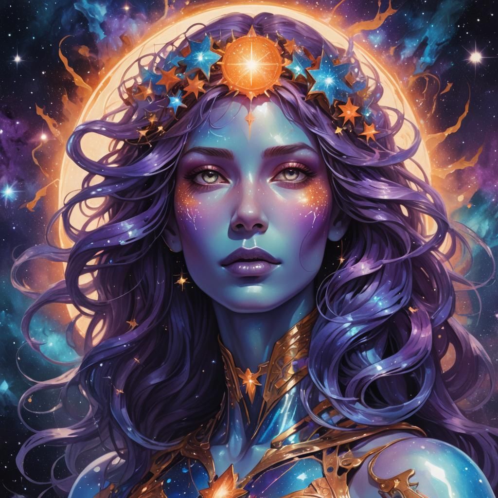 Opalescent Cosmic Humanoid in Vibrant Digital Art Style