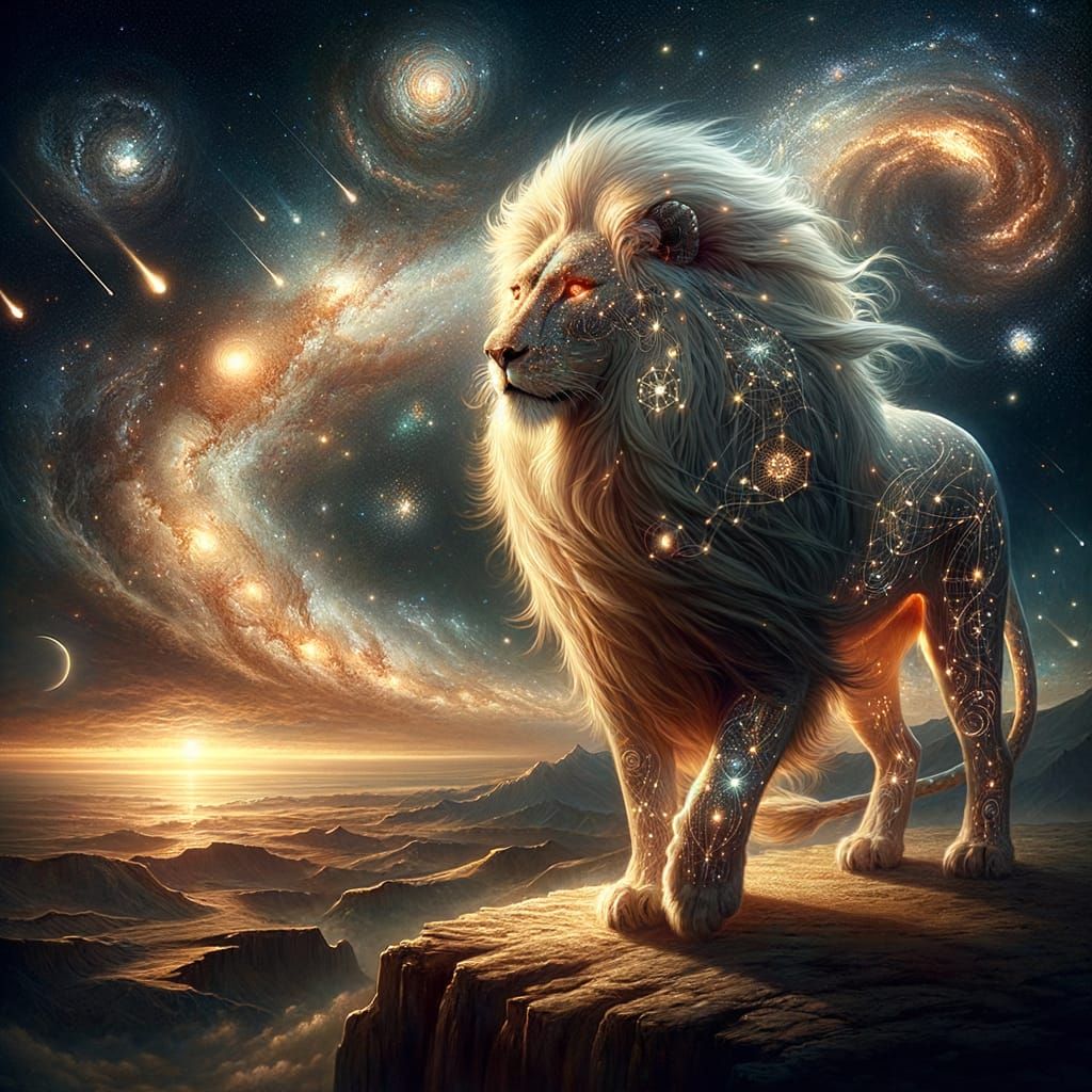 Majestic Celestial Lion in Starry Desert